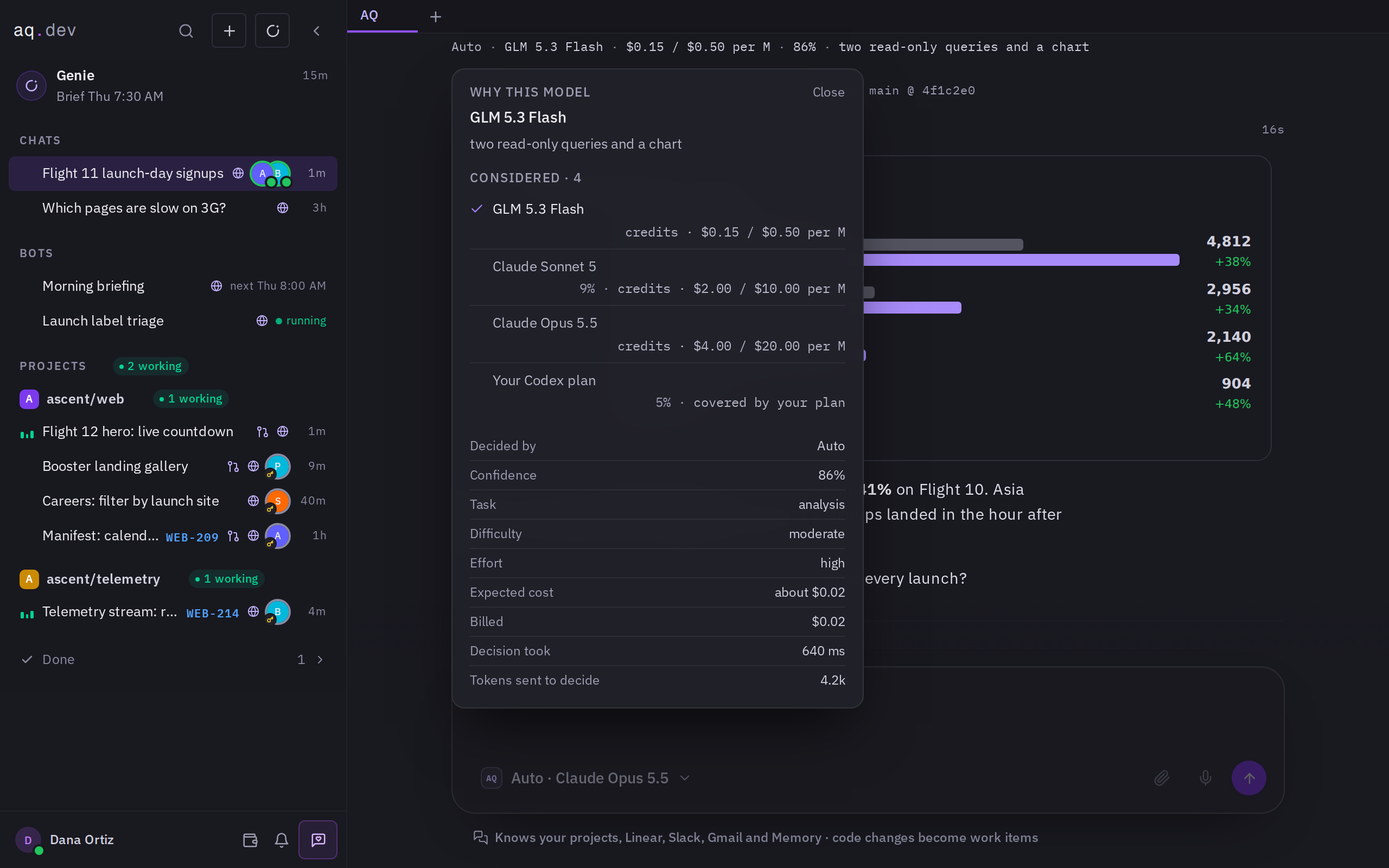 Auto decision rows in an AQ thread naming the model, its price per million tokens, the confidence and the kind of task