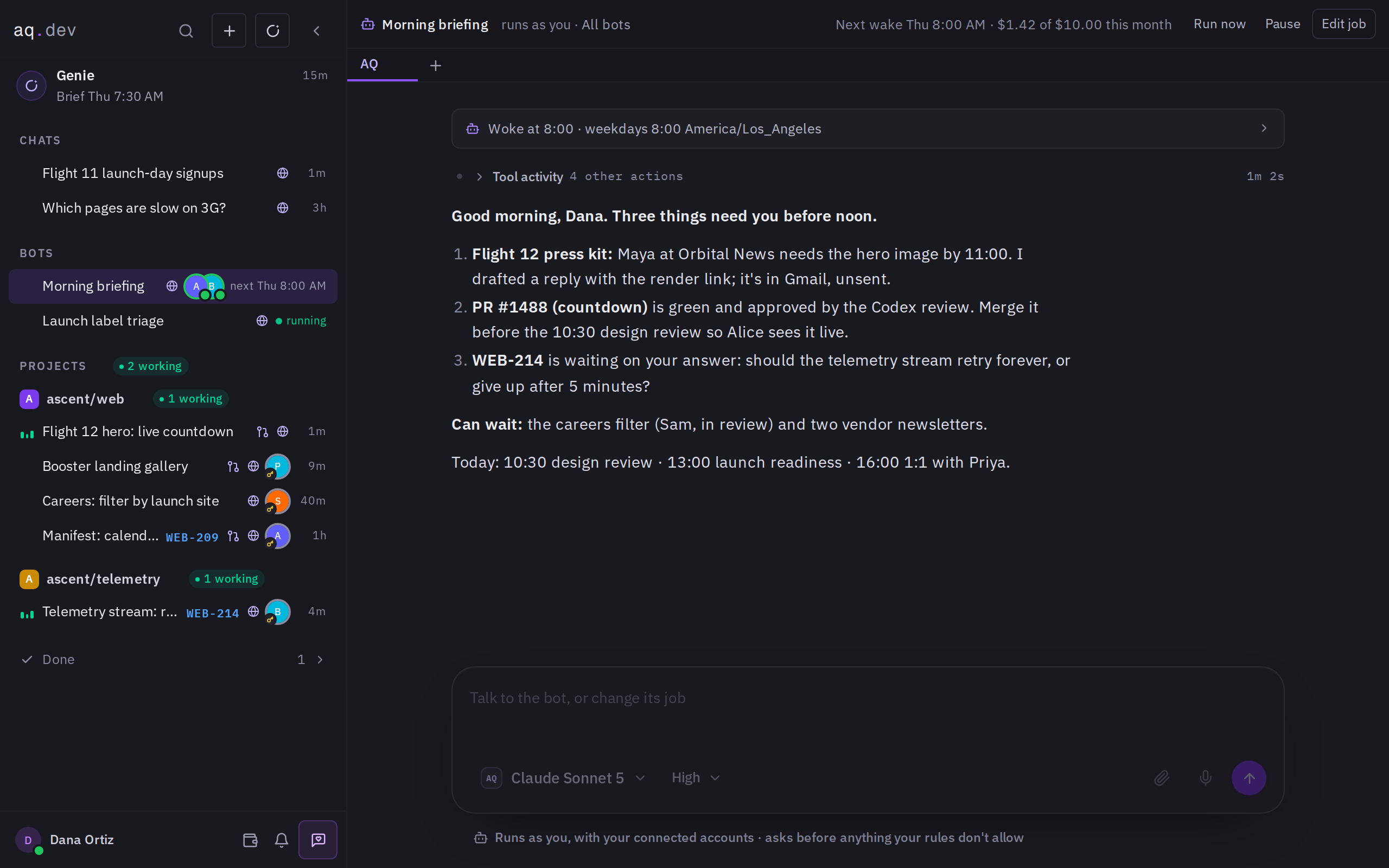 An AQ bot's header with its schedule and month spend, above a wake that read mail and calendar