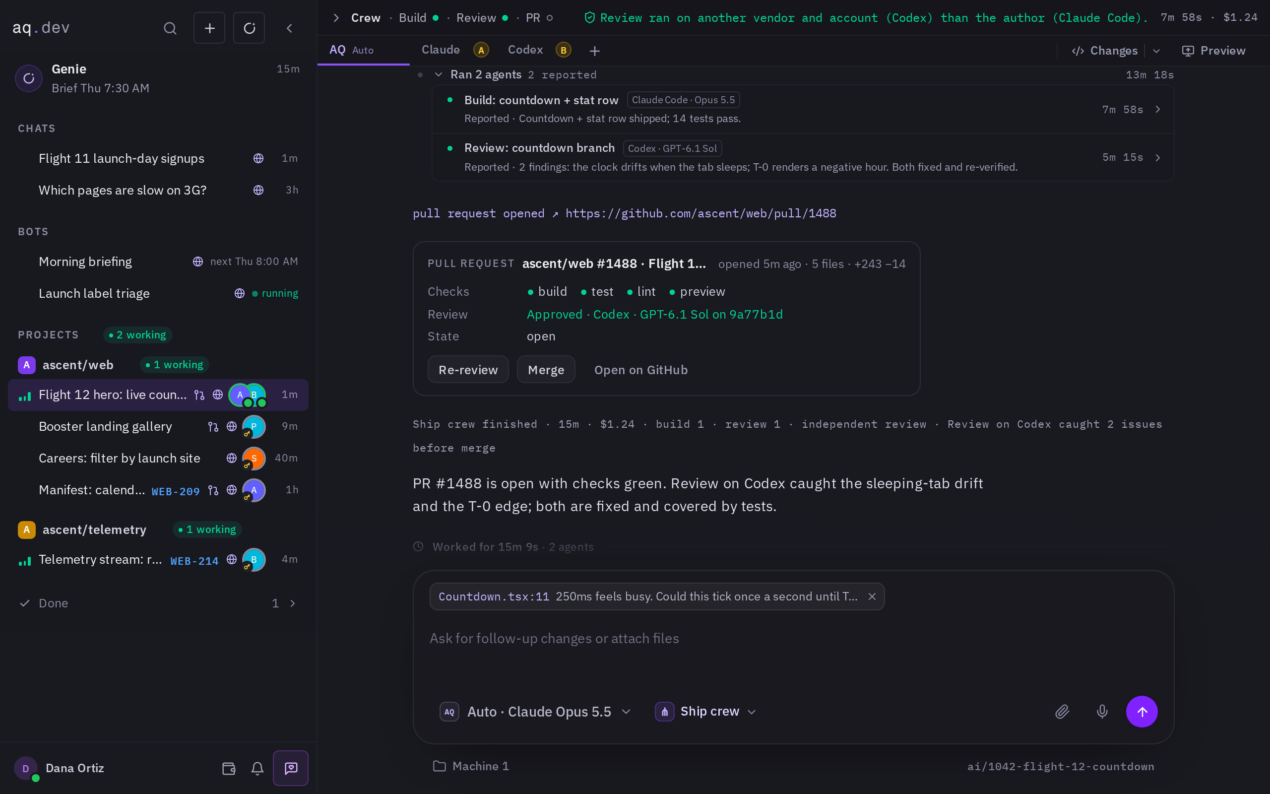 A crew in an AQ thread: the Lead's plan, a builder on Claude Code and a reviewer on Codex that caught two issues