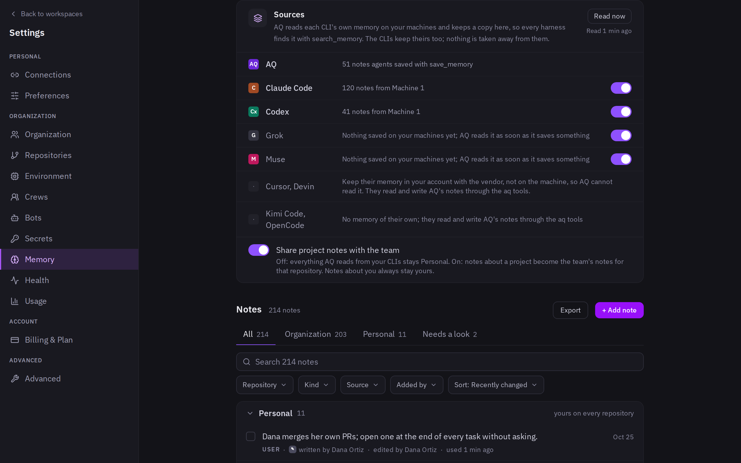The AQ memory page listing notes read from Claude Code and Codex, grouped by project