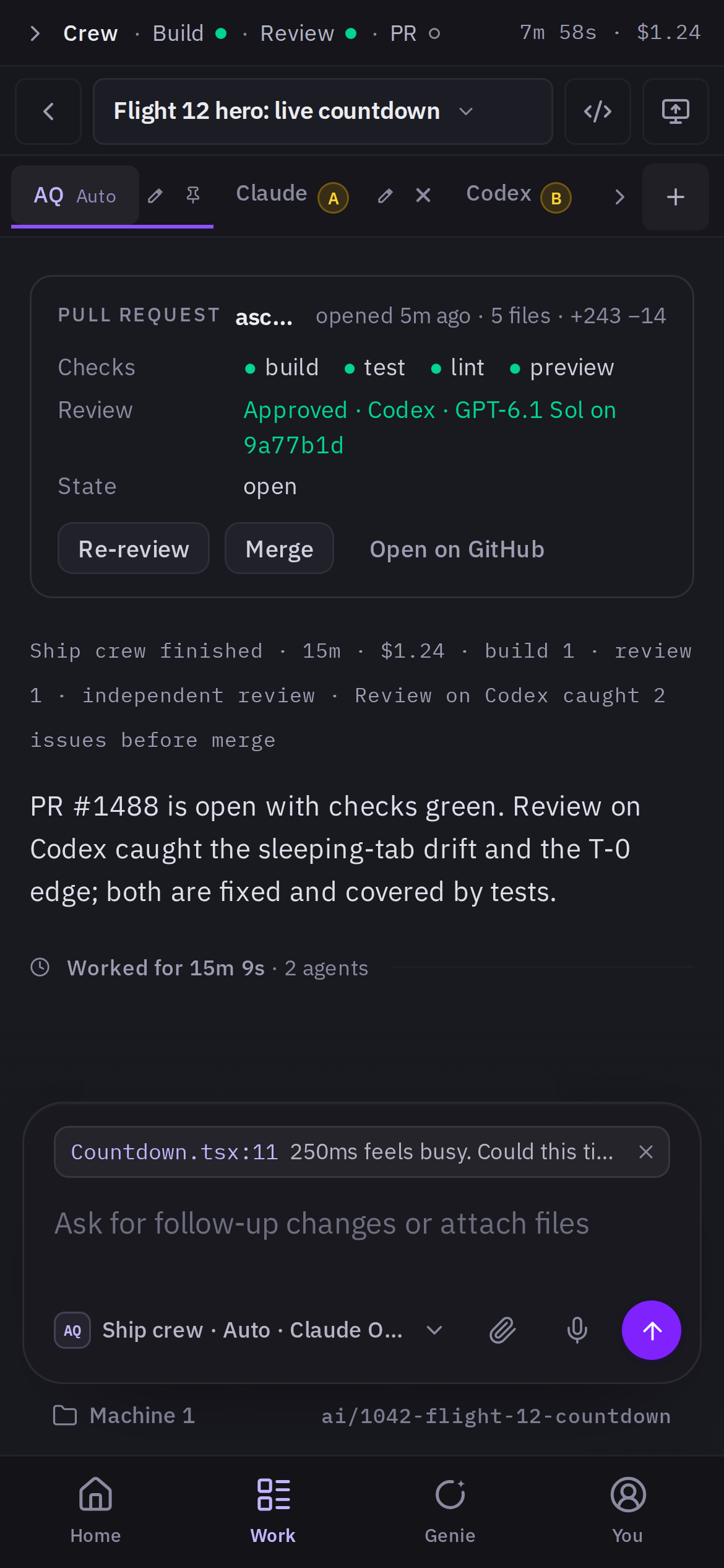 AQ on a phone: a work item thread in the mobile web app, with the crew's progress and the pull request