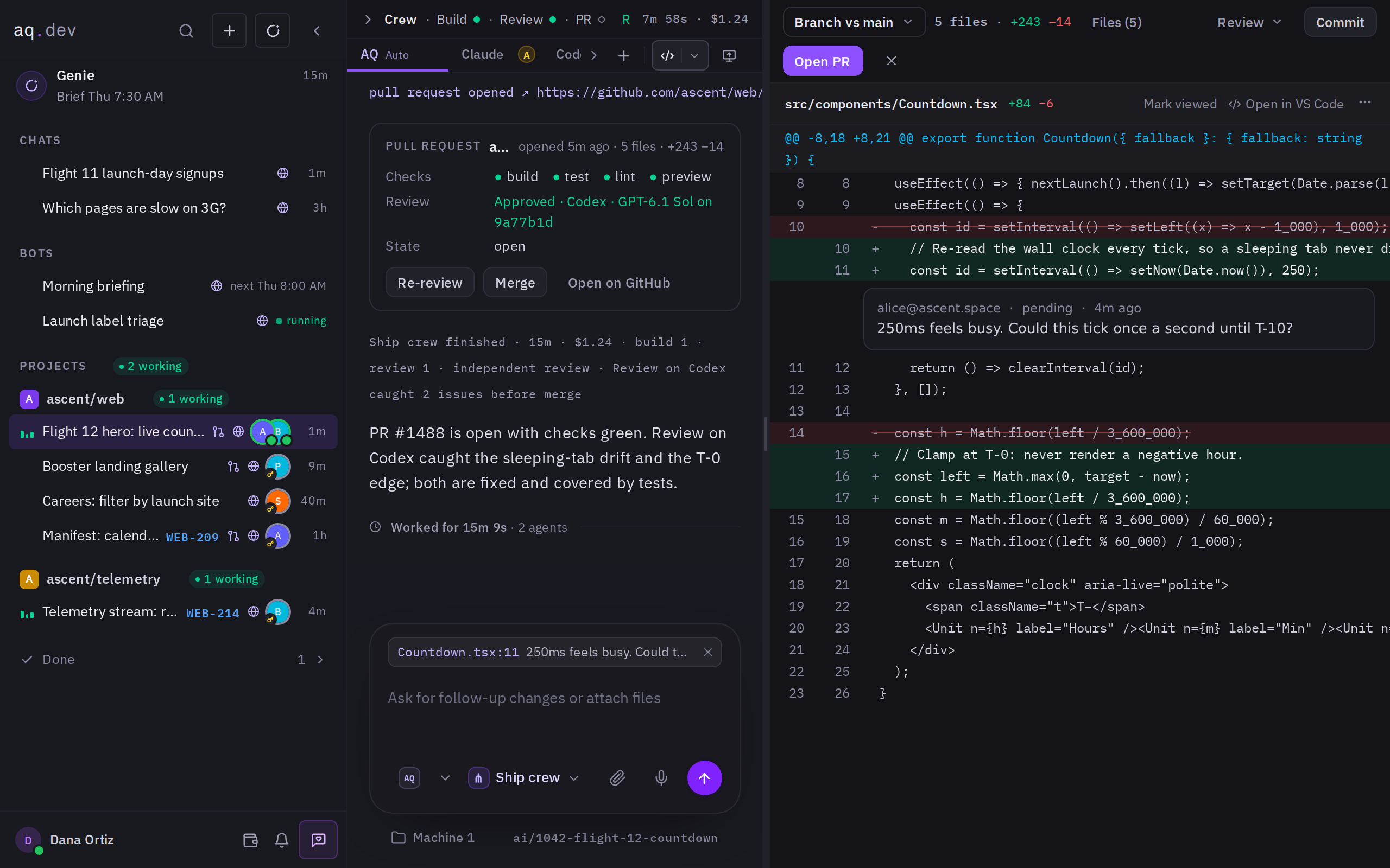 The AQ Changes panel with a diff and a line comment, beside a pull request card with passing checks and a Merge button