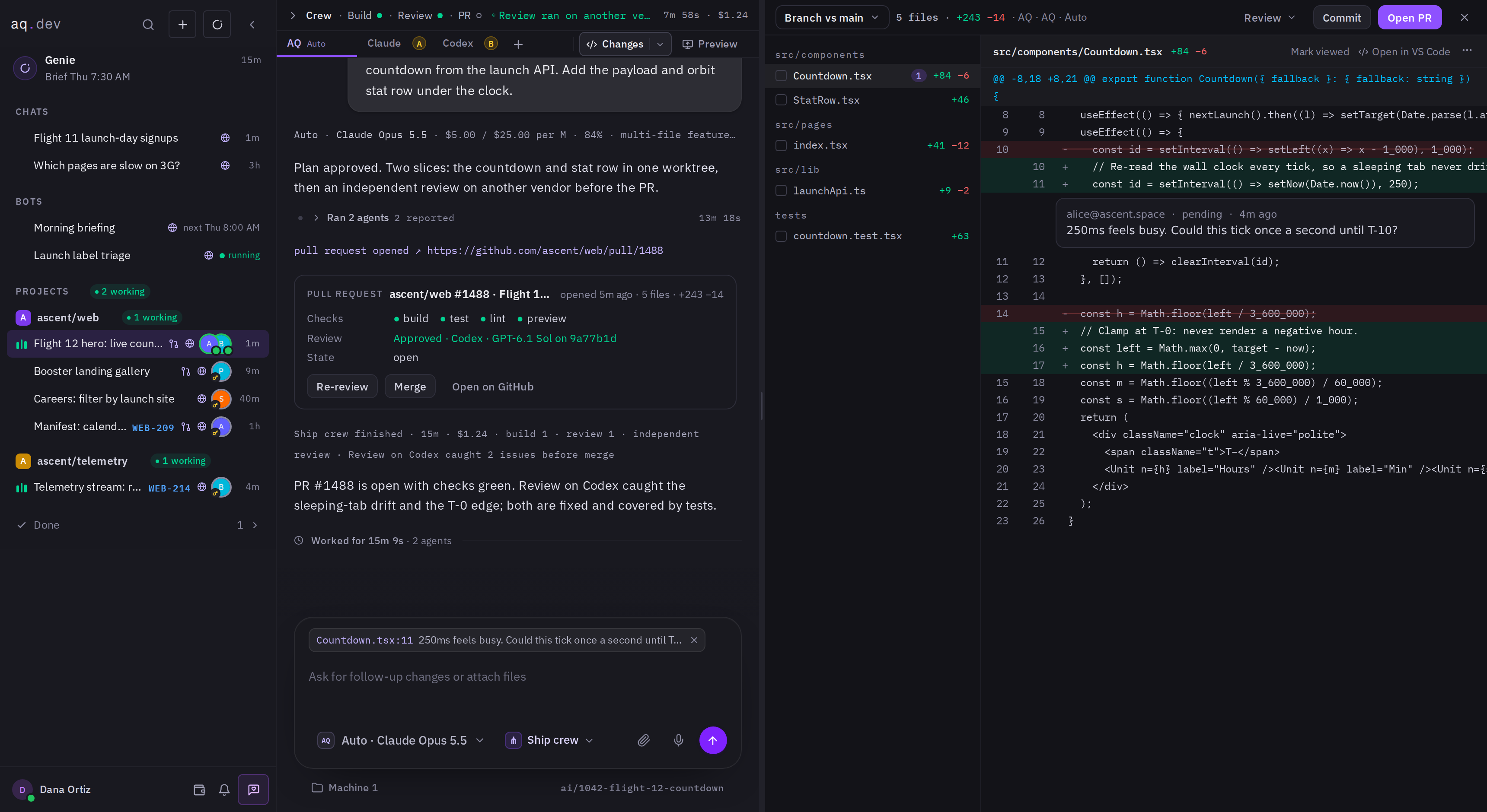 An AQ work item: the Ship crew planned the change, Claude Code built it, Codex reviewed it, the Changes panel shows the diff with a teammate's line comment, and the pull request card is ready to merge