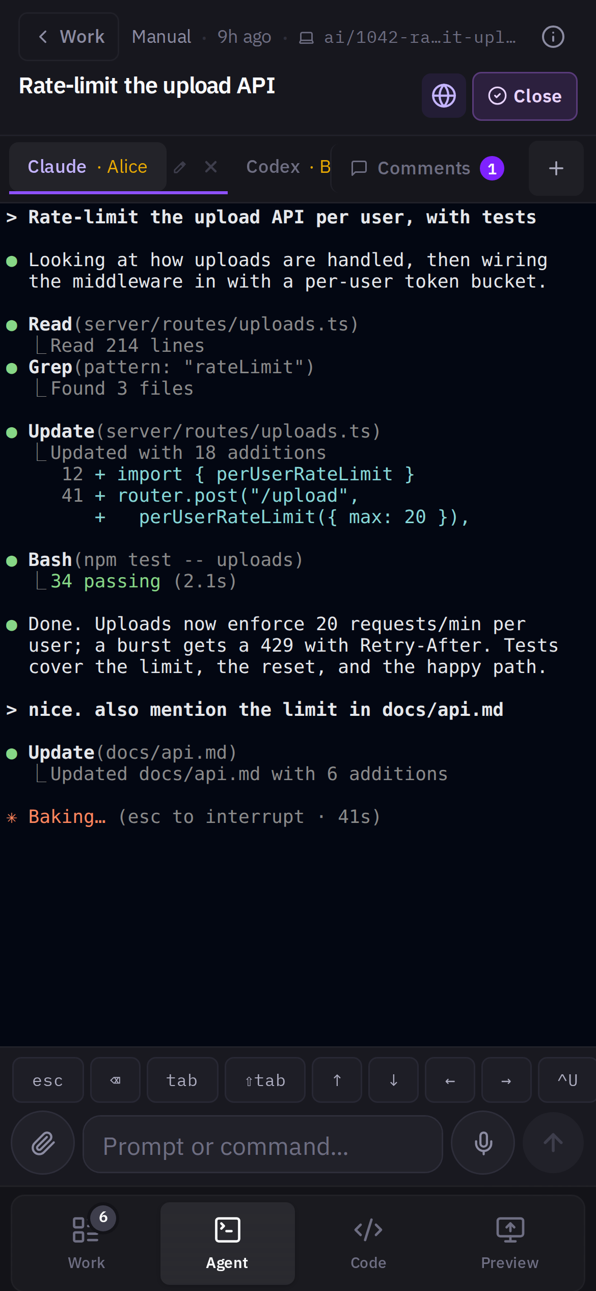 The same Claude Code session open on a phone, with the mobile workbench navigation