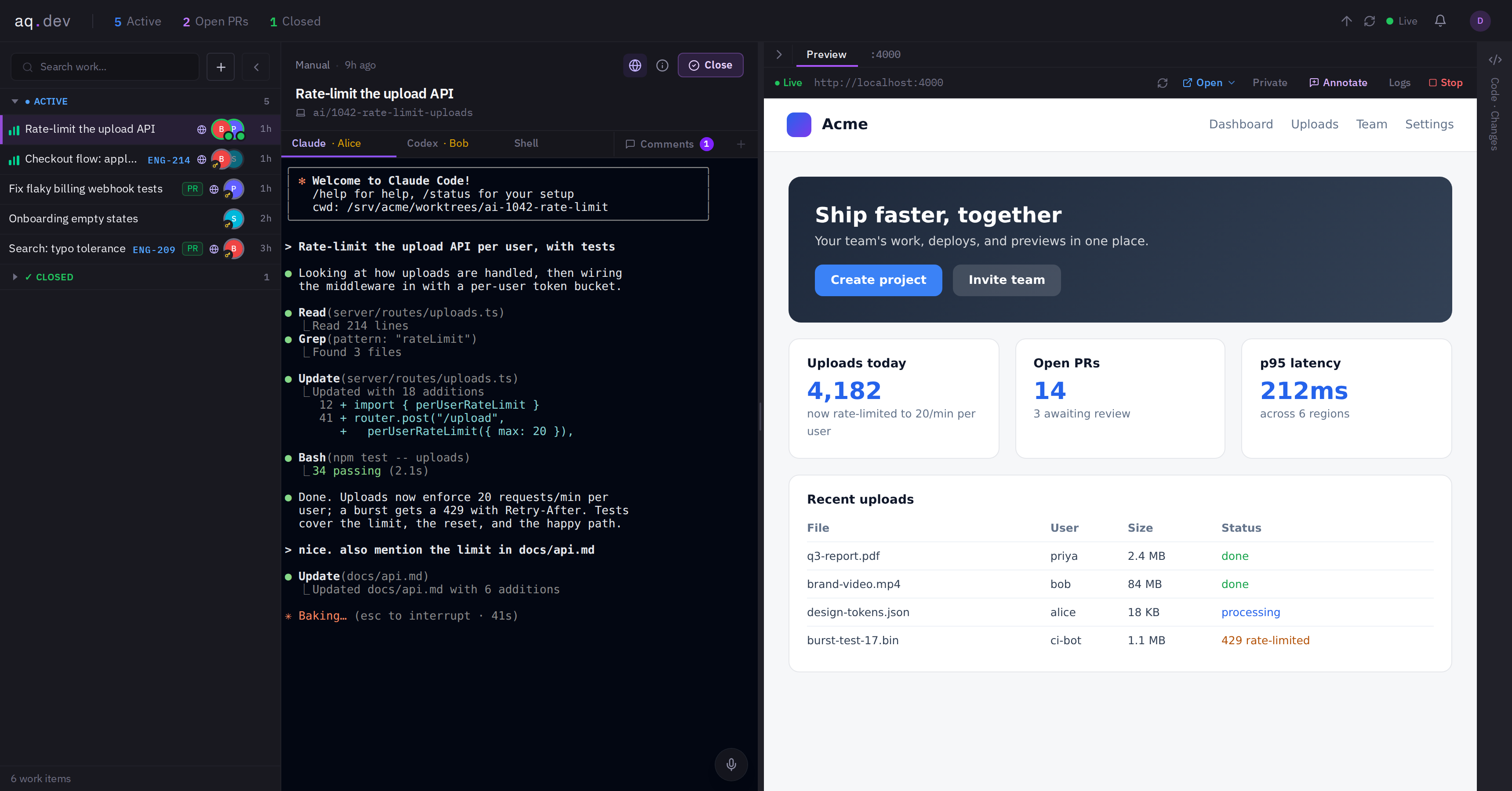 An AQ workspace in the browser: the team sidebar with live presence, a Claude Code session running in a shared terminal, and the app's live preview side by side